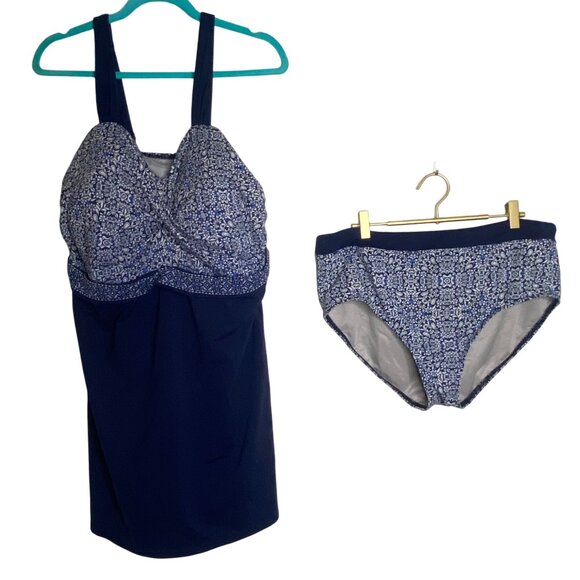 Lands End Womens Size 16DDD Blue Print Swimsuit Tankini Top & High-Waisted Botto - Picture 1 of 14